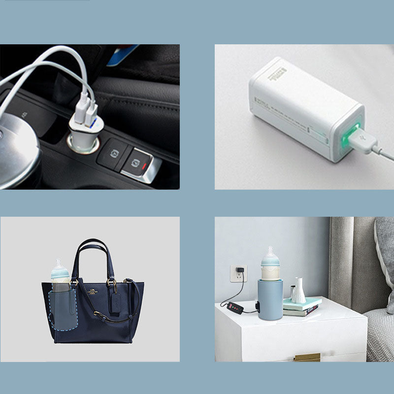 Collage of four images showing a car dashboard with multiple chargers, a power adapter on a surface, a handbag with a bottle holder, and a bottle with a charging cable.