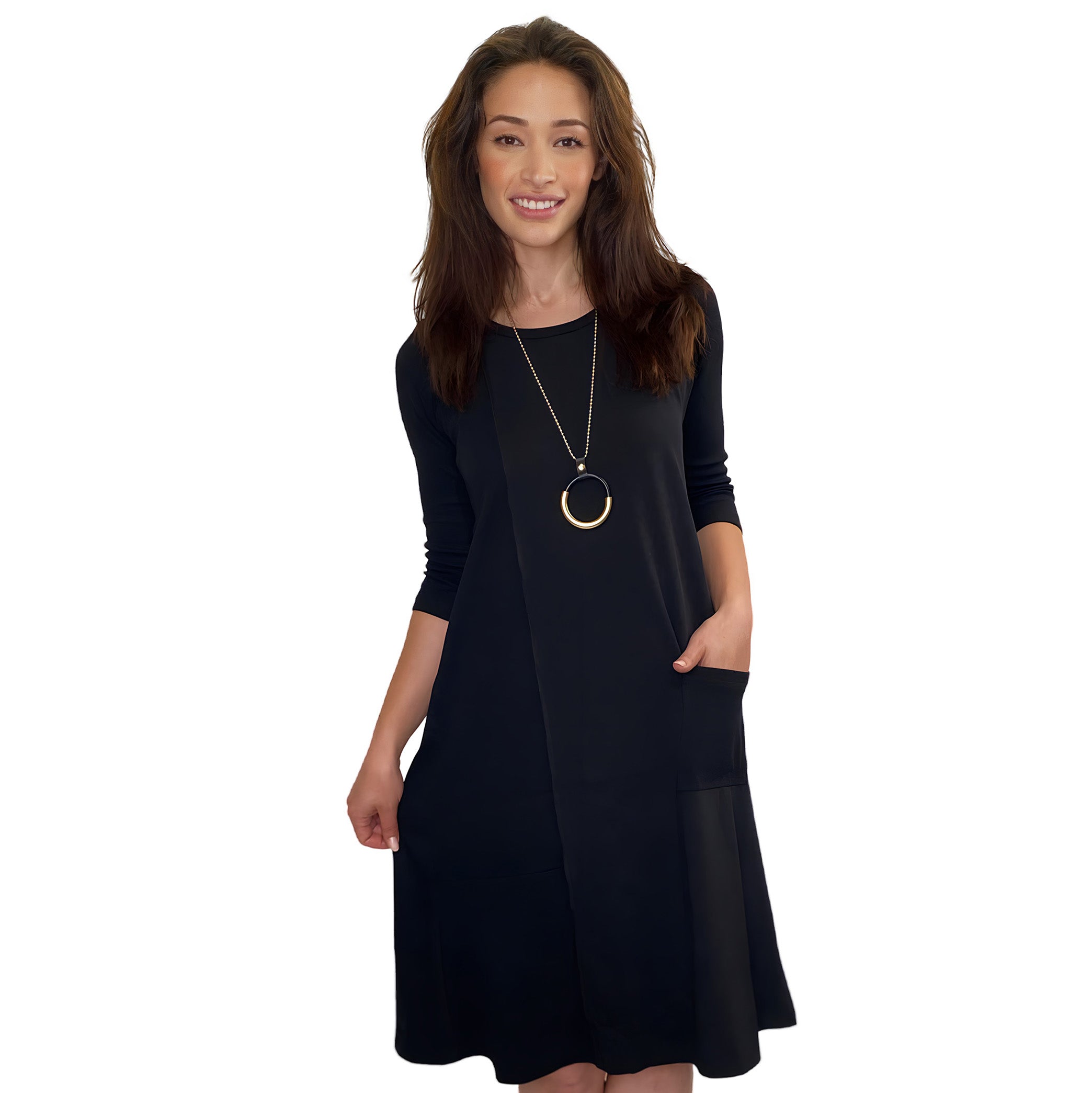 Woman wearing a black dress with a white background