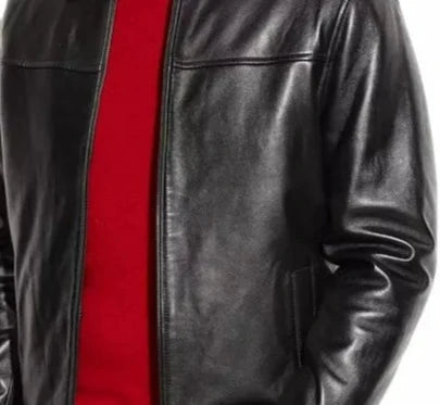 Black leather jacket with a red sweater on a white background