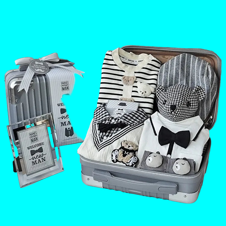 Elegant white striped gray baby boy gift package including rompers, hat, socks, doll, and photo frame in a gift box