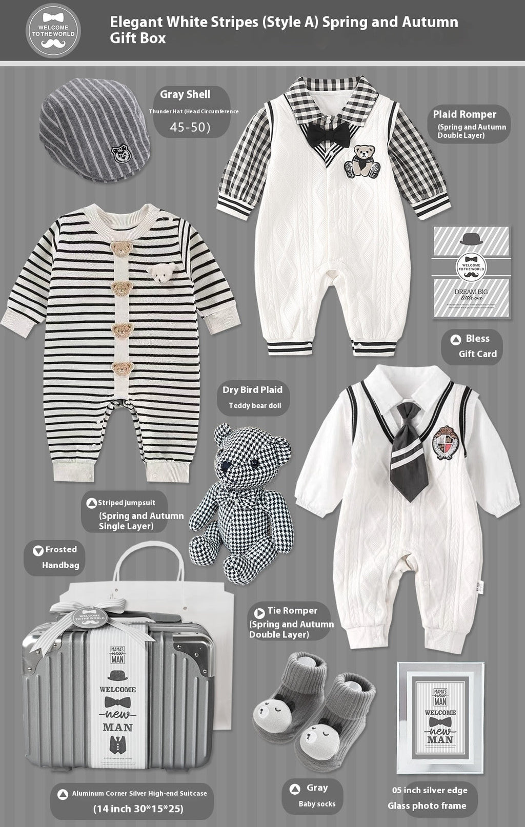 Baby clothing and accessories set with gift box on a gray background