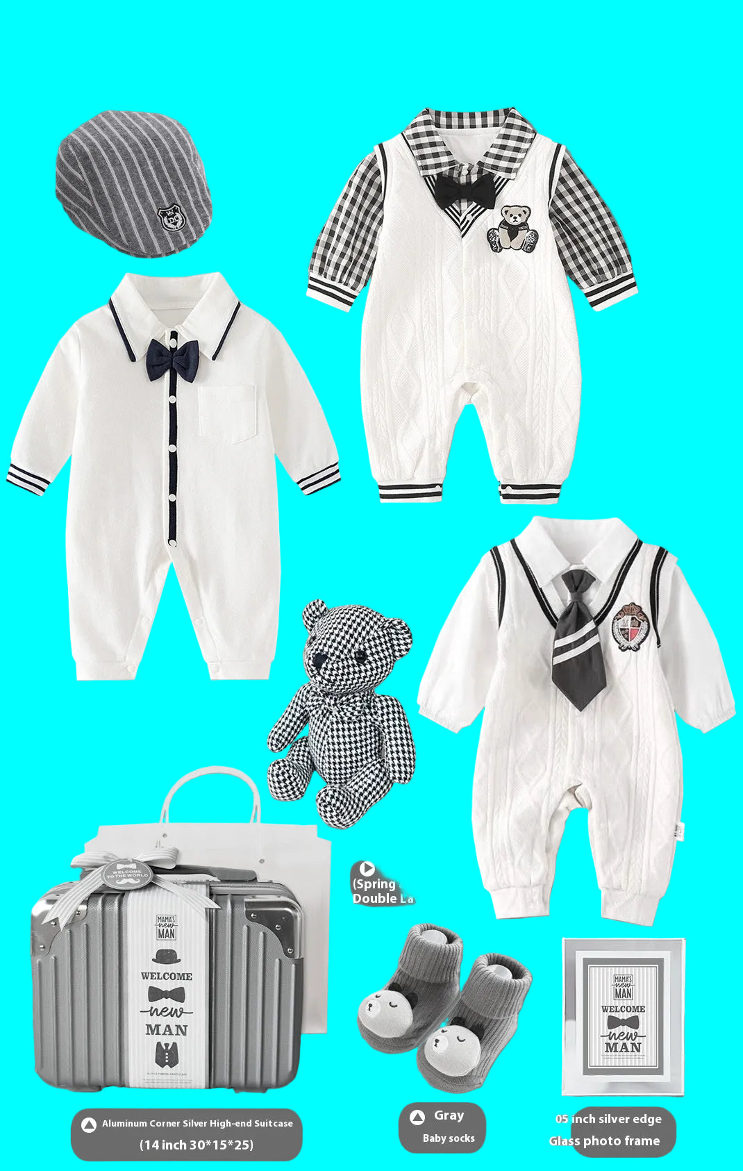 Baby boy spring and autumn striped gift set featuring a white double-layered romper, striped romper, striped hat, tie, bootie, and a silver suitcase, displayed on a aqua background with labels.