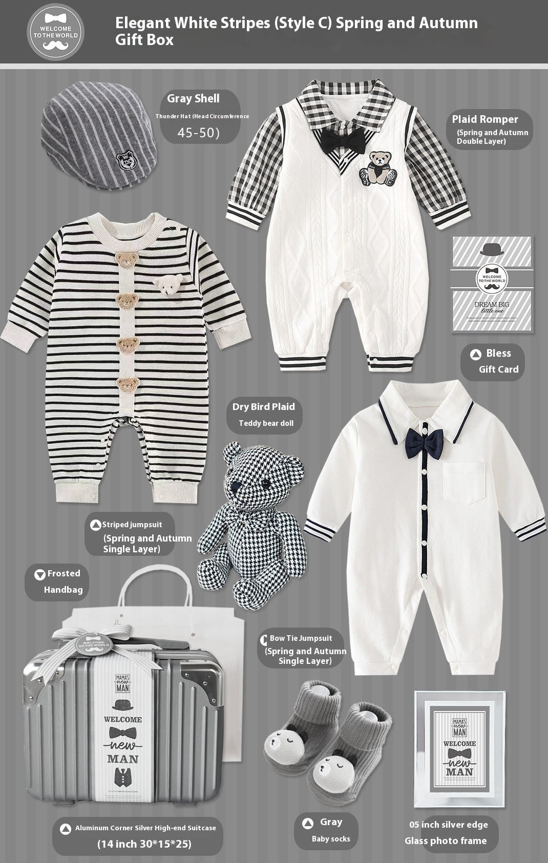 Baby gift set with rompers, shoes, and accessories on a gray background