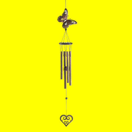 Butterfly-shaped wind chime with heart detail on a white background
