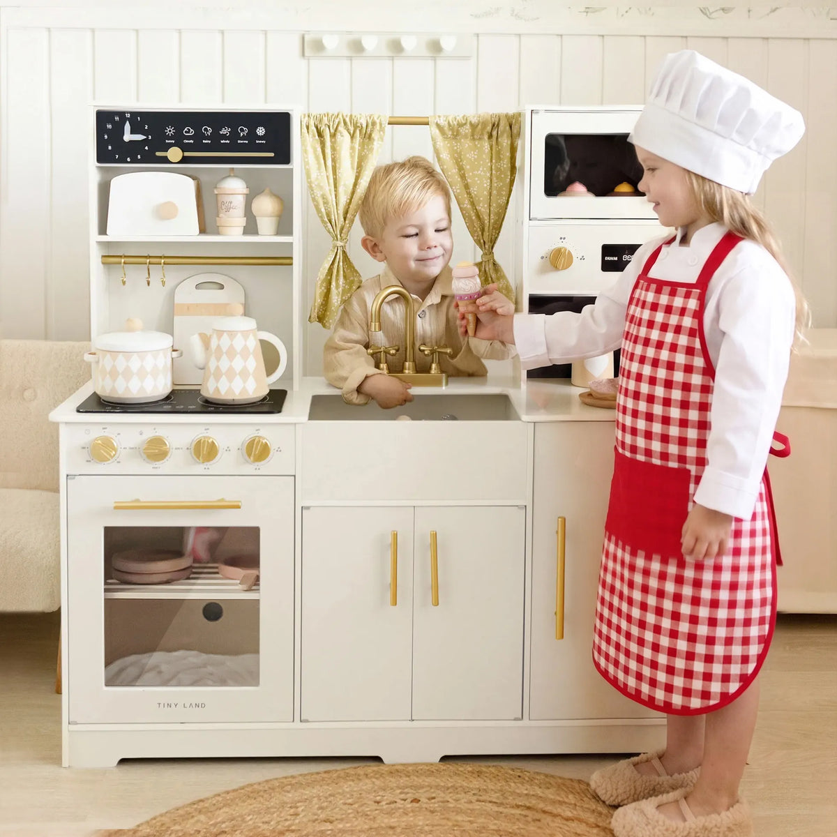 Tiny Land Iconic Wooden Play Kitchen for Kids – Cream Pretend Cooking Set for Kids
