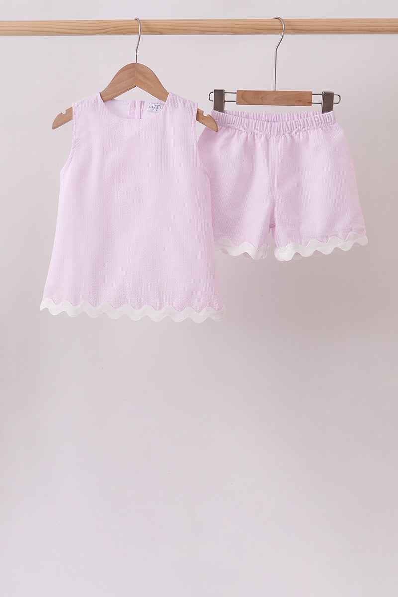 Pink Seersucker Stripe Scalloped Shorts Set