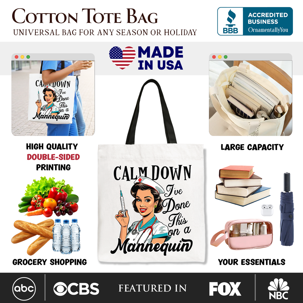 Cotton tote bag with graphic design, text about features, and logos.
