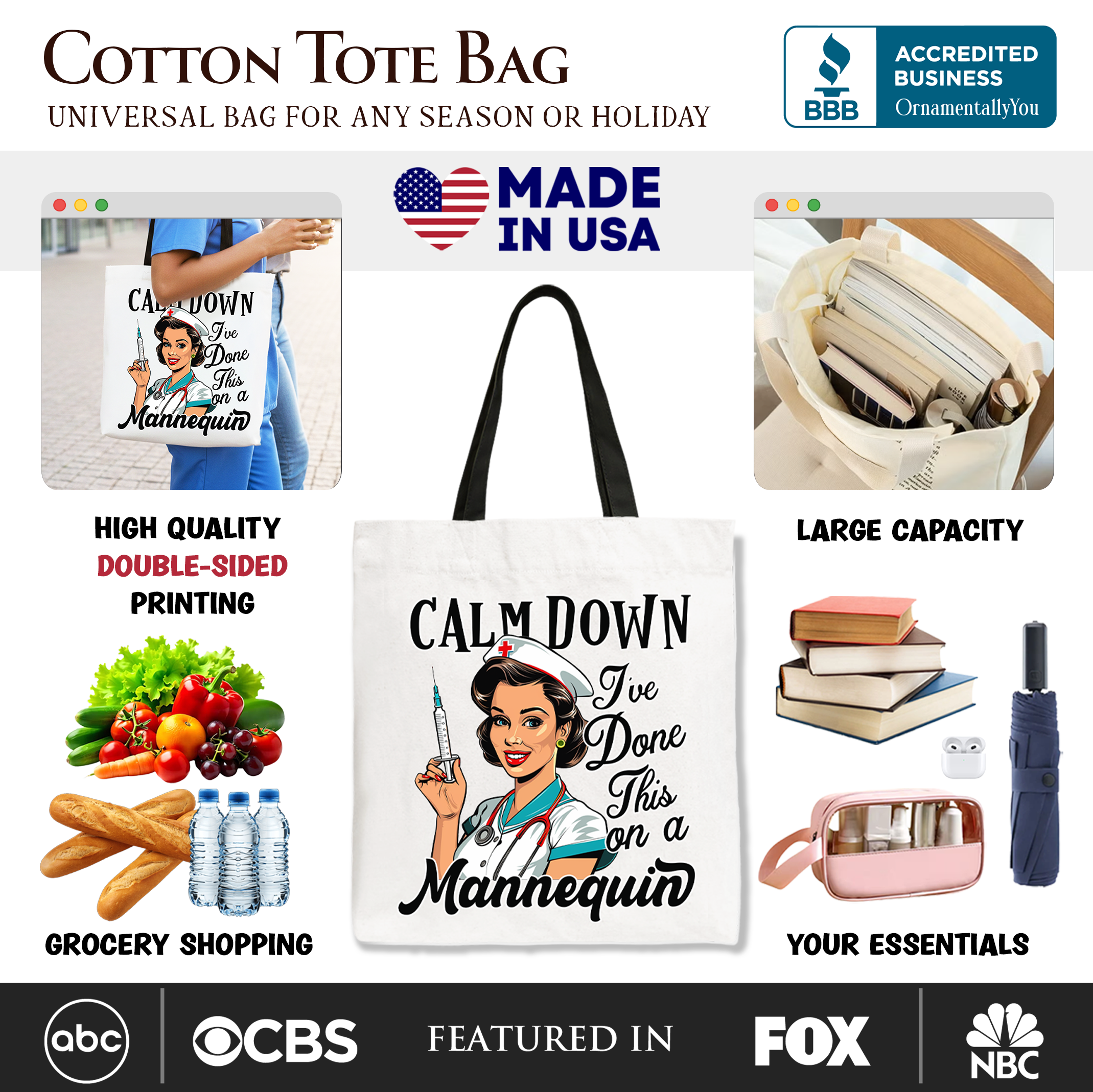 Cotton tote bag with graphic design, text about features, and logos.