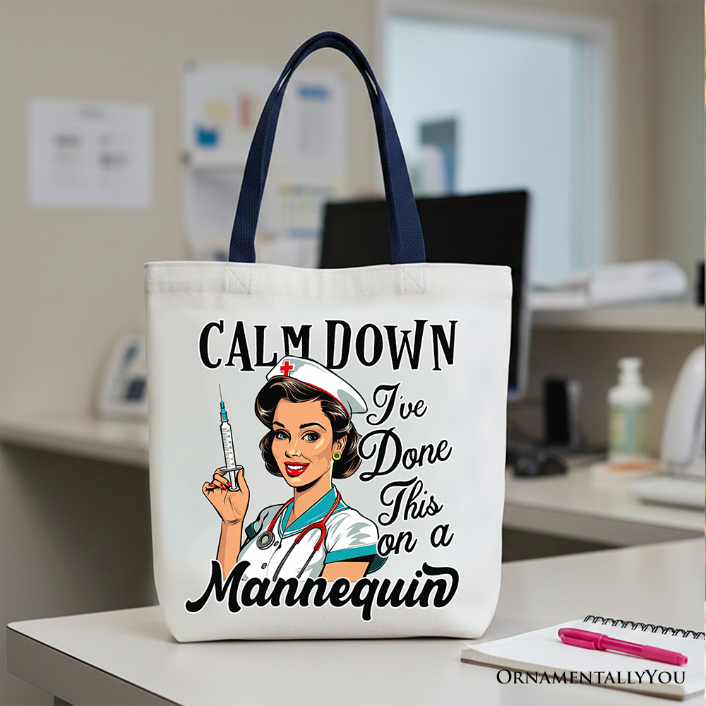 Tote bag with a nurse graphic and text on a desk in an office setting