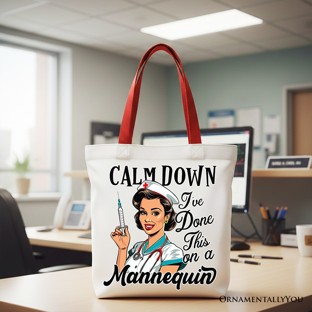 Tote bag with a nurse graphic and text in an office setting