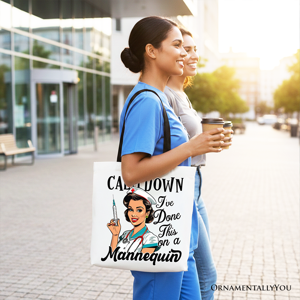Woman holding a tote bag with a humorous design and text, walking outdoors.