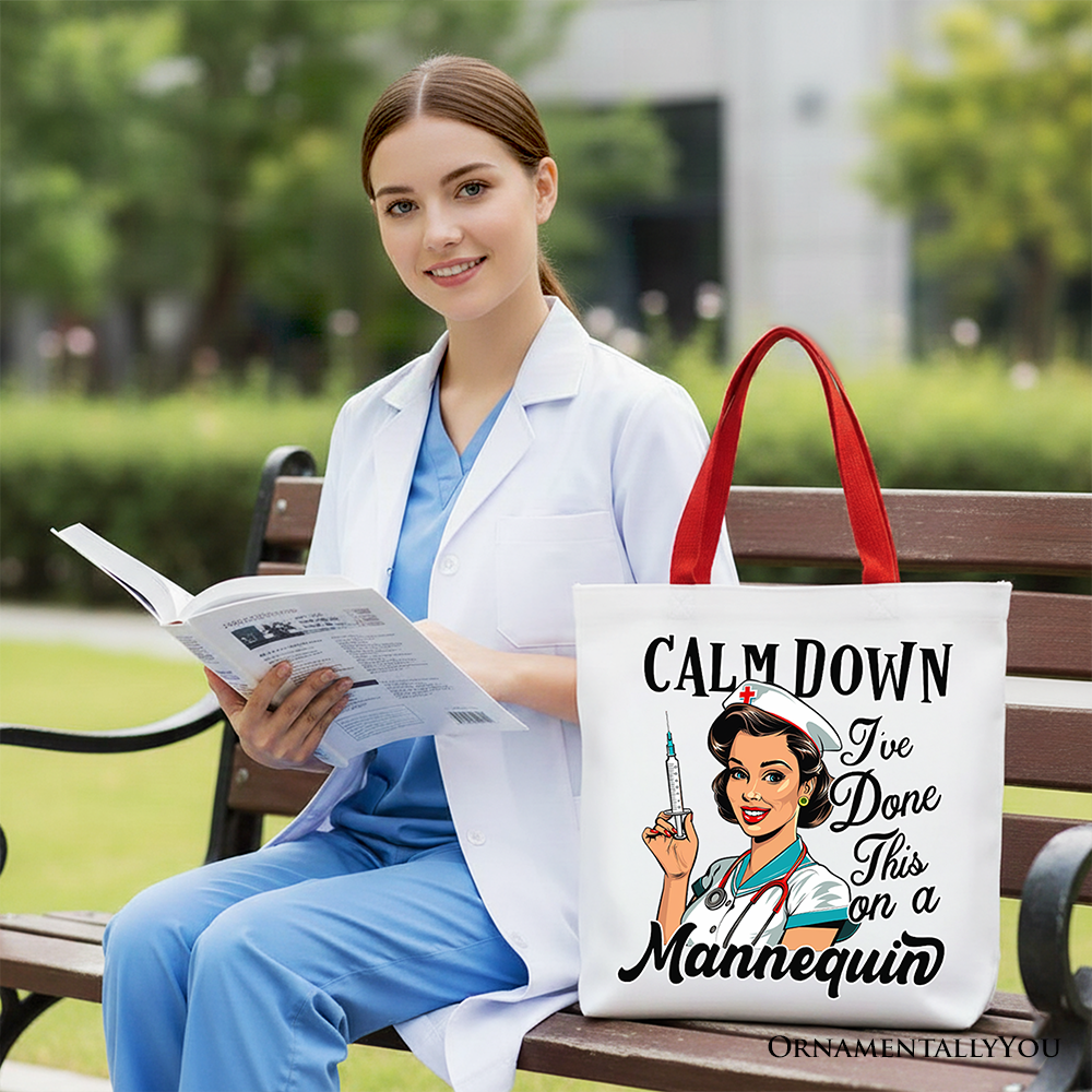 Woman in medical attire sitting on a bench with a tote bag featuring a nurse graphic and text.