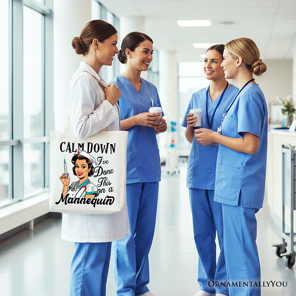 Four nurses in a hospital setting with one holding a tote bag with a humorous message.