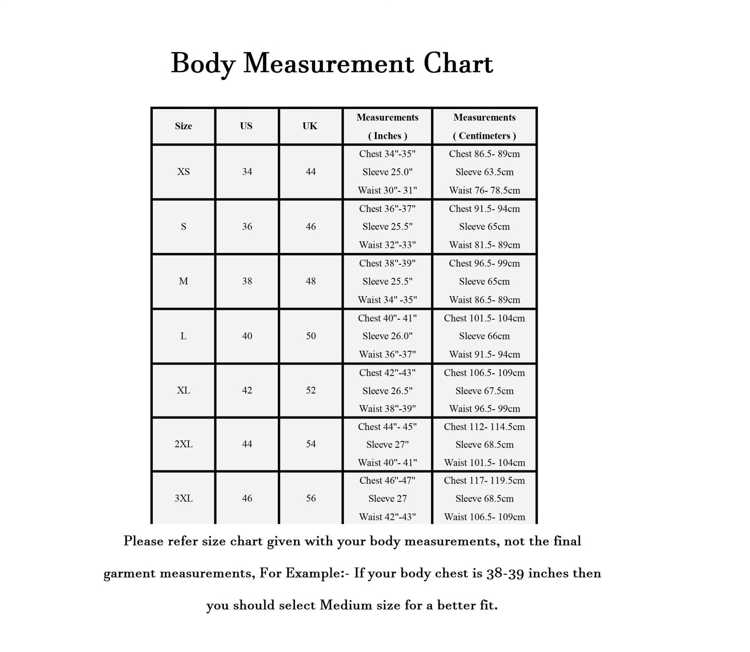 Body measurement chart for clothing sizes with measurements in inches and centimeters.