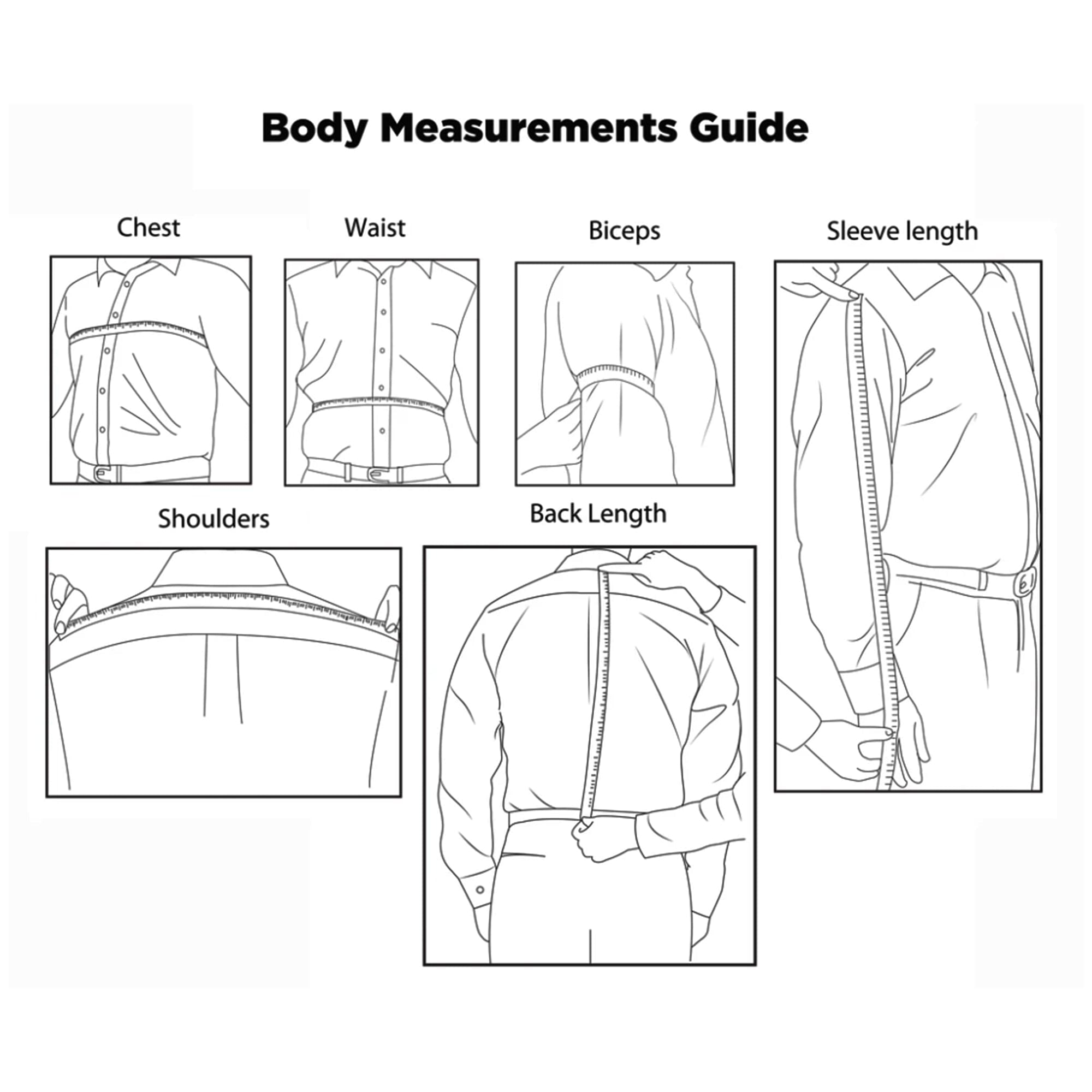 Body measurements guide with labeled parts and measurements.