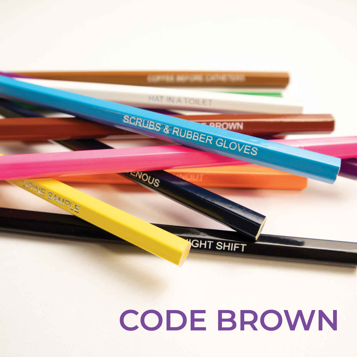Colorful markers with text on a white background, featuring 'Code Brown' branding.