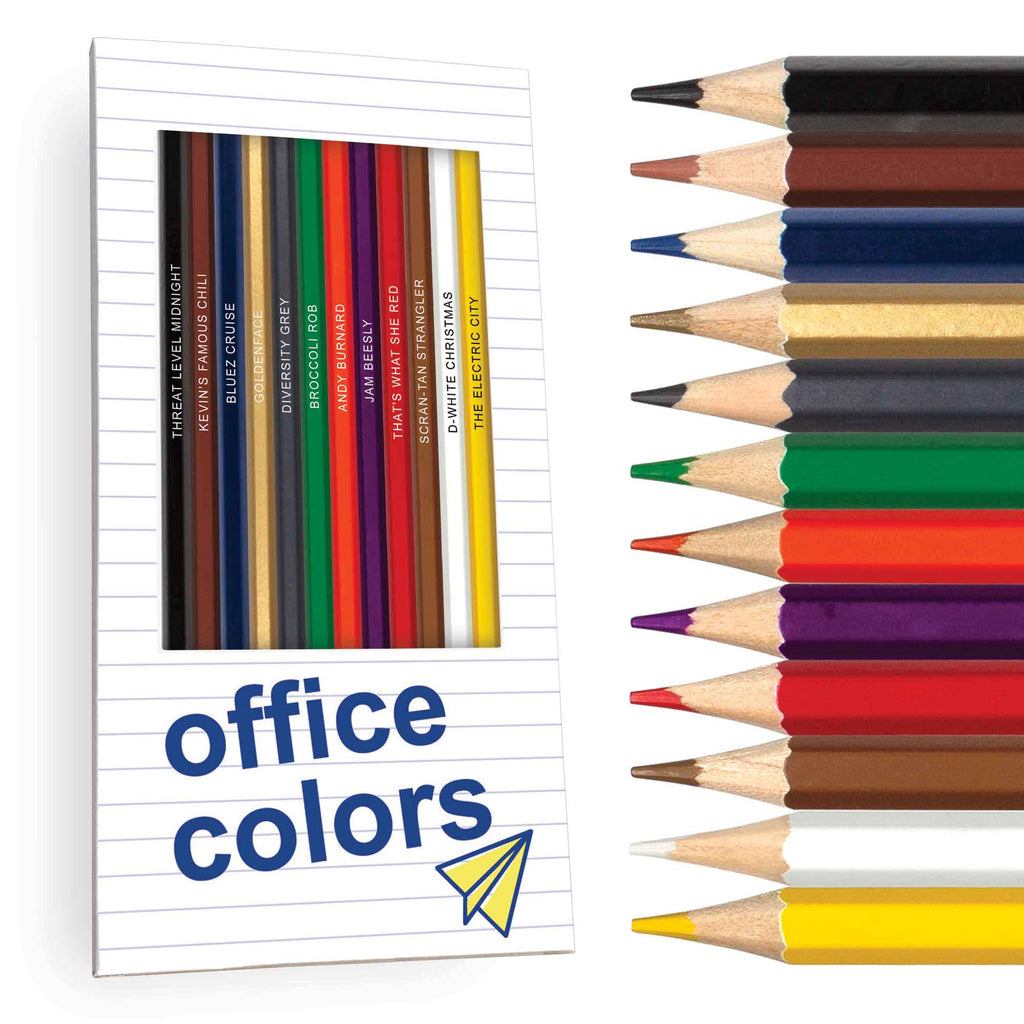 Set of colored pencils with a notepad labeled 'office colors' on a white background