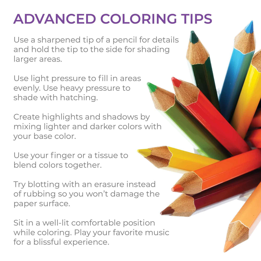 Colorful pencils with advanced coloring tips text on a white background