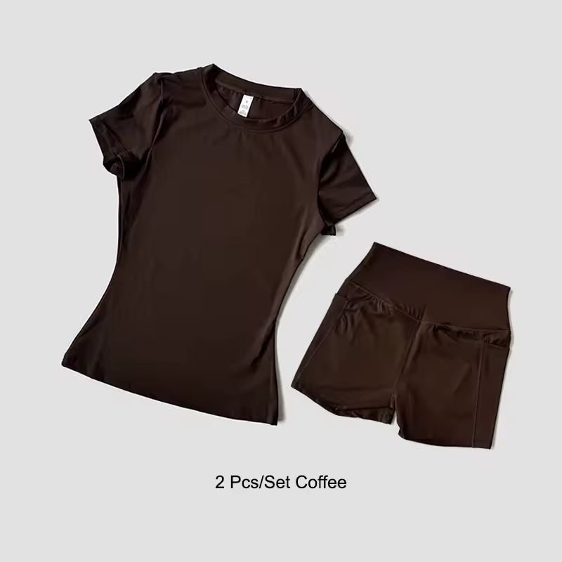 Brown t-shirt and shorts set on a light gray background