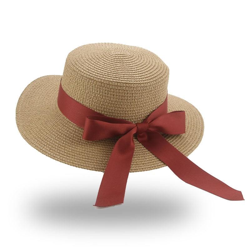 Women's Elegant Wide Brim Straw Sun Hat with Ribbon Bowknot