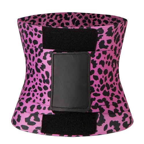 Pink waist trainer with black leopard print pattern on a white background