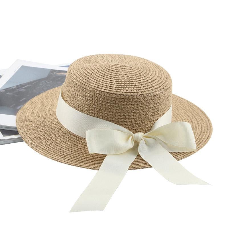Women's Elegant Wide Brim Straw Sun Hat with Ribbon Bowknot