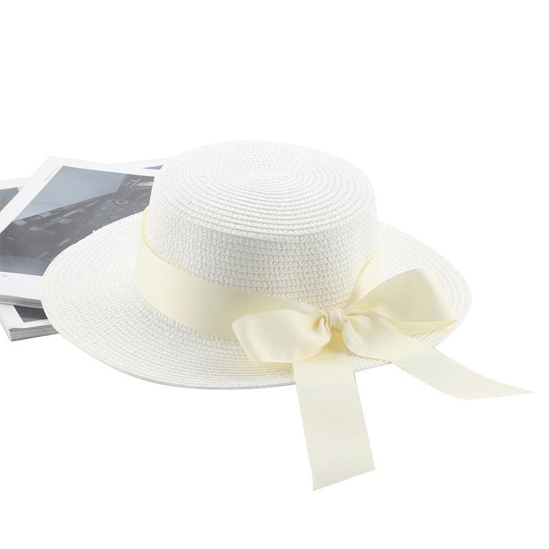 Women's Elegant Wide Brim Straw Sun Hat with Ribbon Bowknot