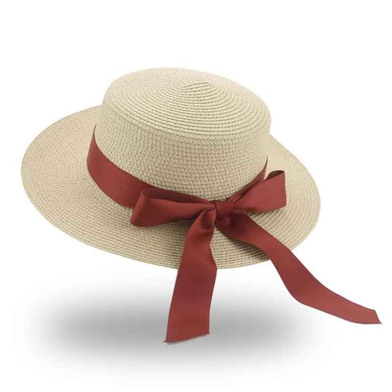 Women's Elegant Wide Brim Straw Sun Hat with Ribbon Bowknot