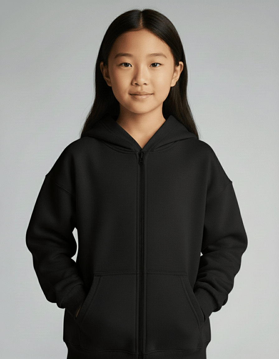 Person wearing a black hoodie against a plain background