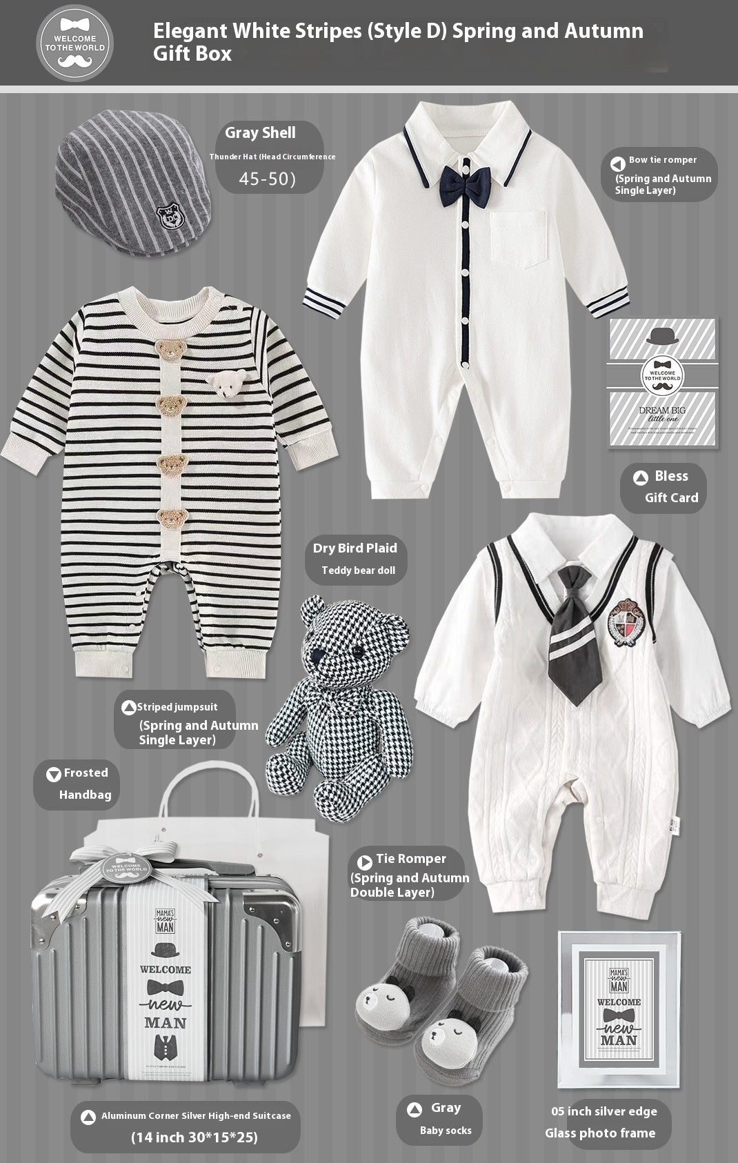 Baby clothing set with striped romper, formal outfit, and accessories on a gray background.