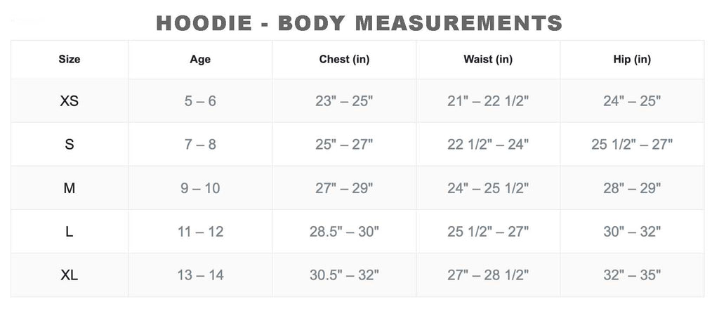 Hoodie body measurements chart for different age groups and sizes.