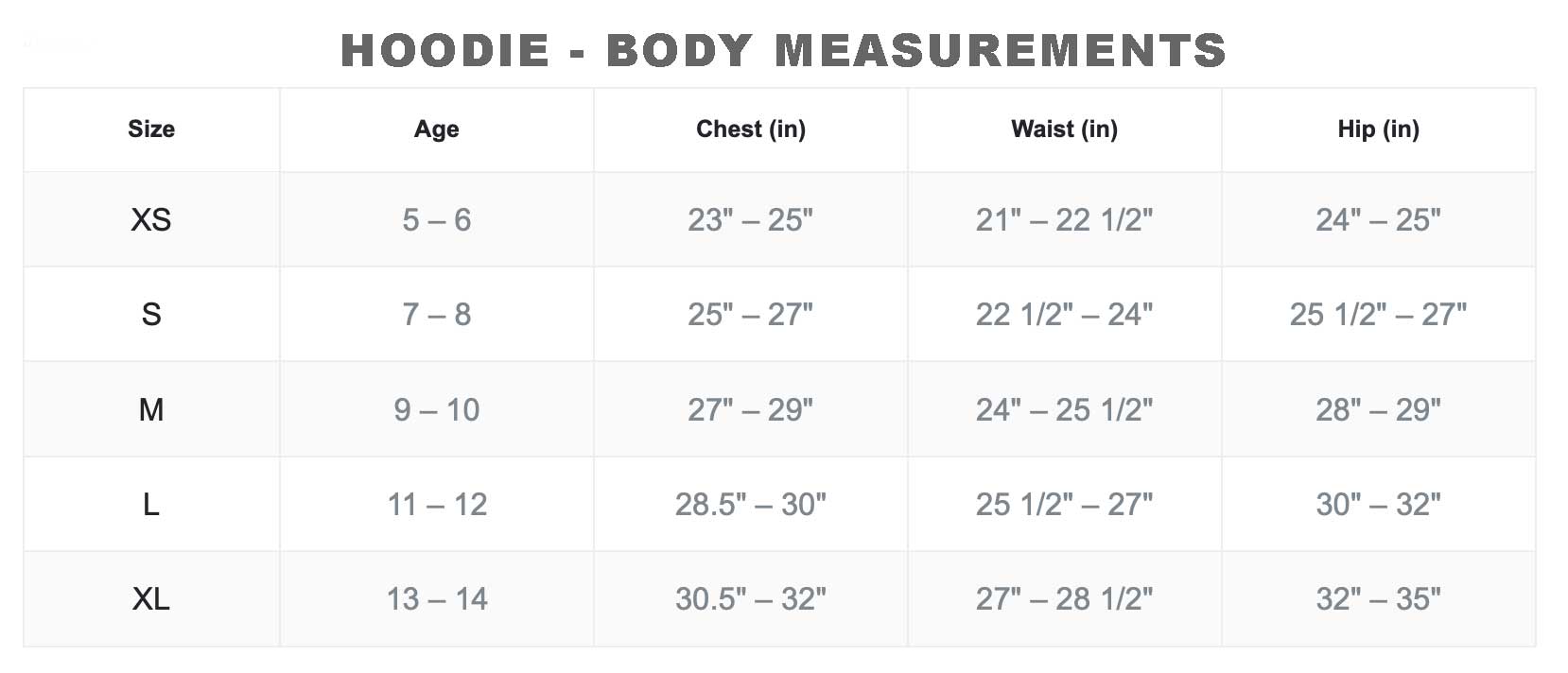 Hoodie body measurements chart for different age groups and sizes.