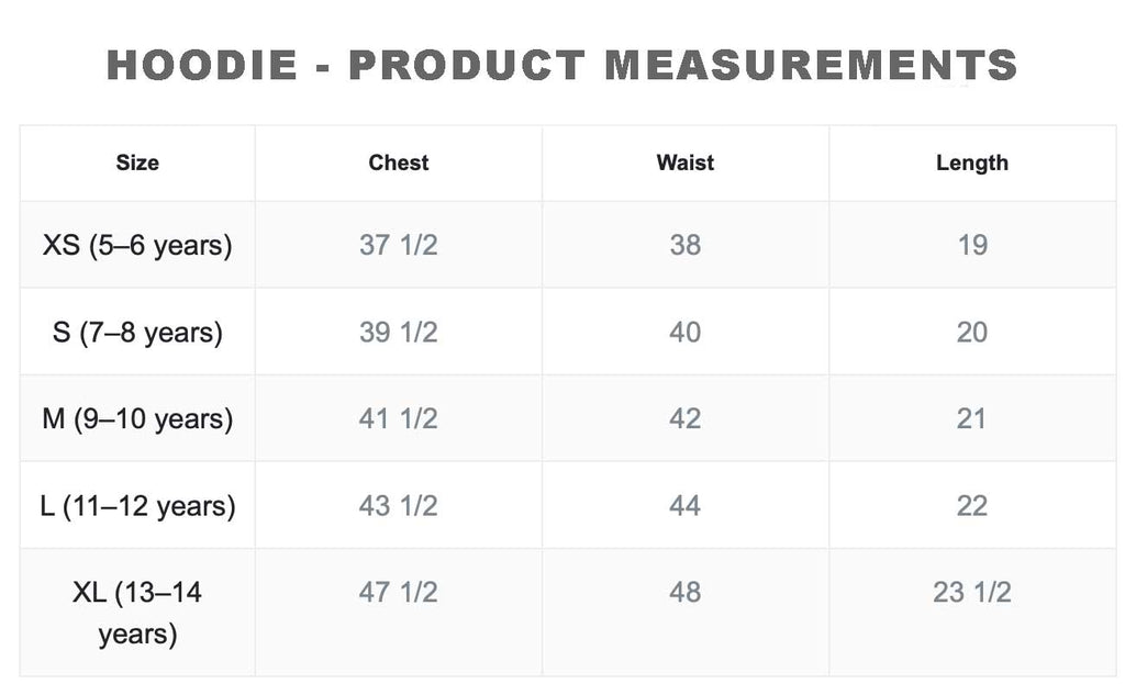 Product measurements chart for a hoodie with size chart for chest, waist, and length.