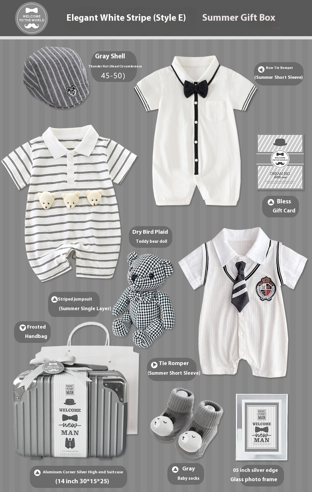 A baby boy's summer gift box set in a gray and white theme, featuring a striped romper, white short-sleeve romper with bow tie, striped cap, baby tee, striped shorts, a striped teddy bear, baby socks, a striped suitcase, and a framed photo frame, all arranged on a gray background with text labels.
