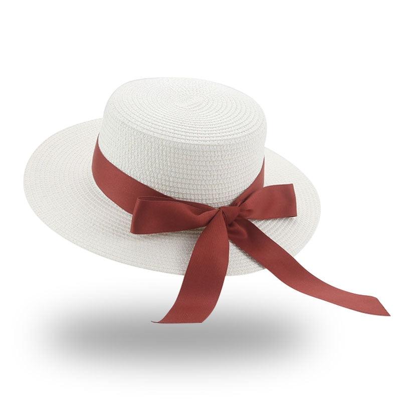 Women's Elegant Wide Brim Straw Sun Hat with Ribbon Bowknot