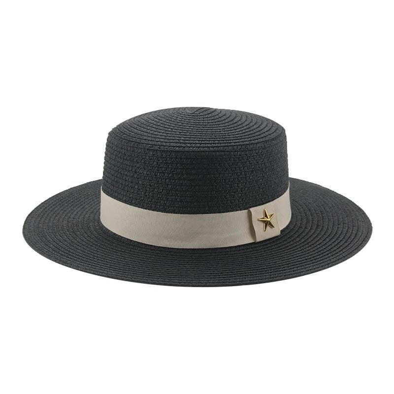 Black straw hat with a beige band and star detail on a white background