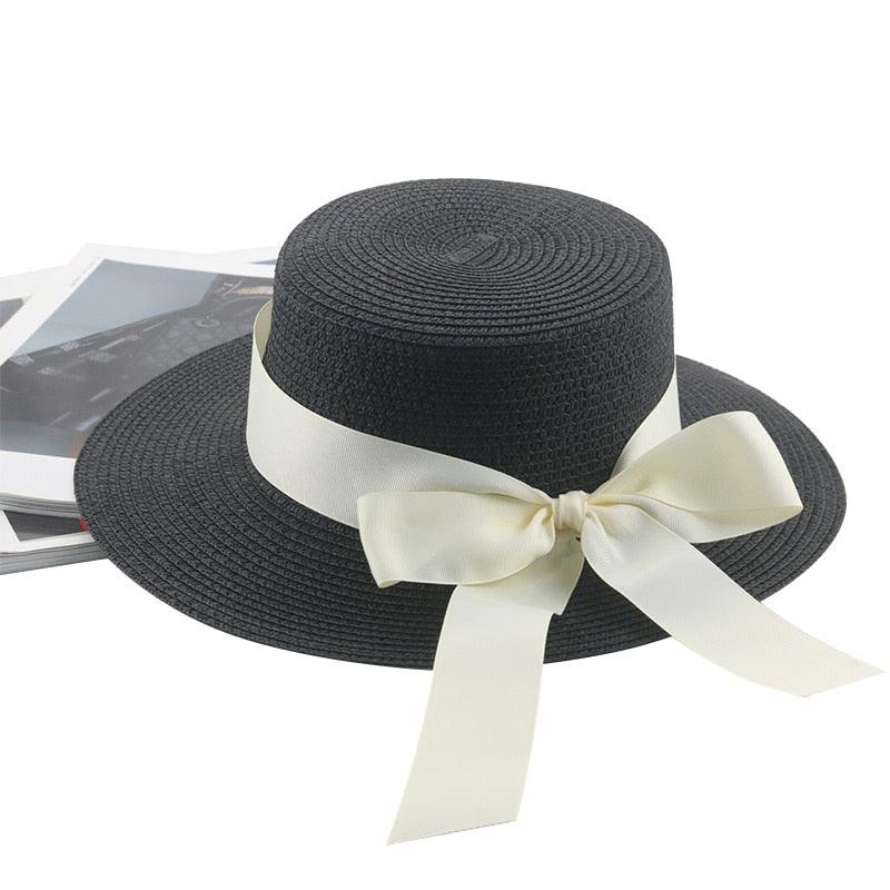 Women's Elegant Wide Brim Straw Sun Hat with Ribbon Bowknot