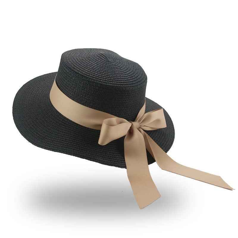 Women's Elegant Wide Brim Straw Sun Hat with Ribbon Bowknot