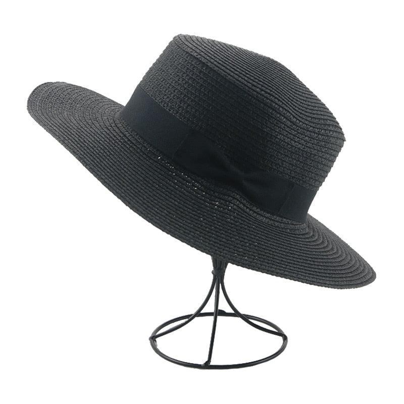 Women's Elegant Wide Brim Straw Sun Hat with Ribbon Bowknot