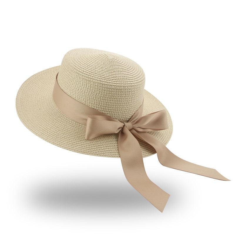 Women's Elegant Wide Brim Straw Sun Hat with Ribbon Bowknot