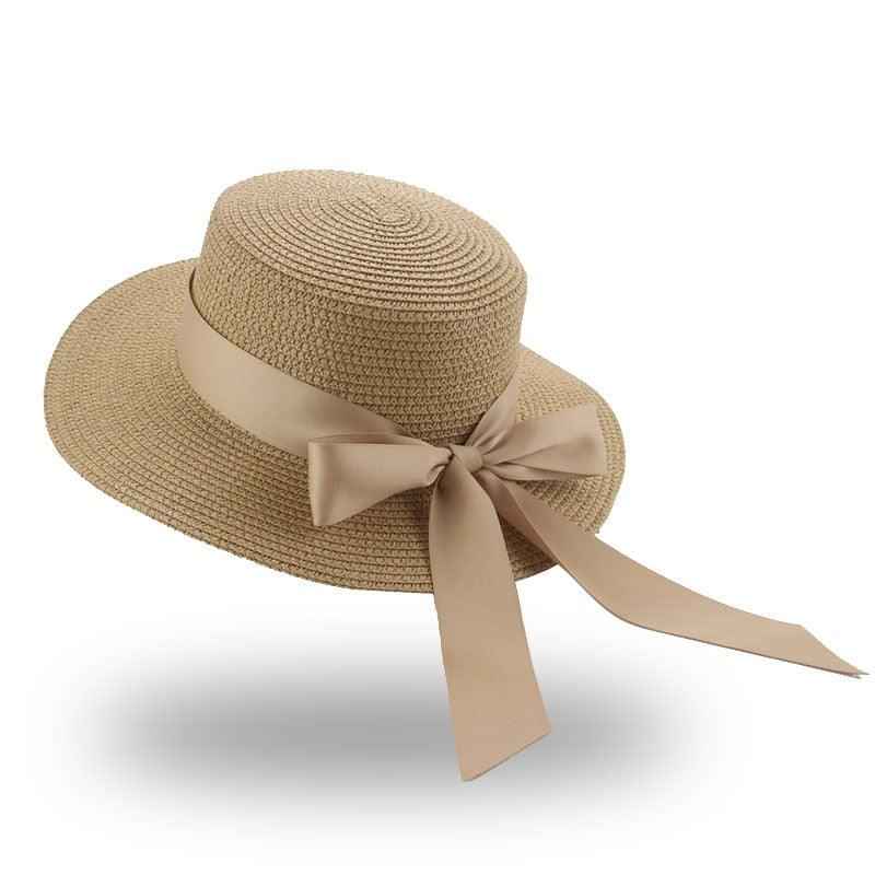 Women's Elegant Wide Brim Straw Sun Hat with Ribbon Bowknot