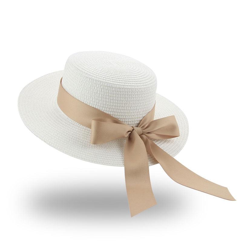 Women's Elegant Wide Brim Straw Sun Hat with Ribbon Bowknot