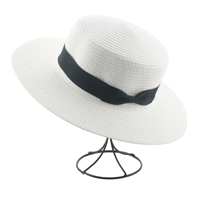 Women's Elegant Wide Brim Straw Sun Hat with Ribbon Bowknot
