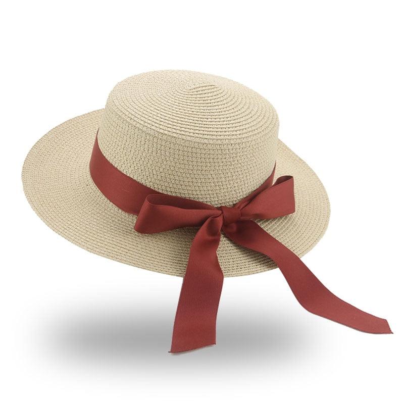 Women's Elegant Wide Brim Straw Sun Hat with Ribbon Bowknot