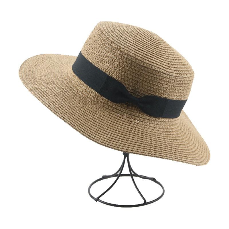 Women's Elegant Wide Brim Straw Sun Hat with Ribbon Bowknot