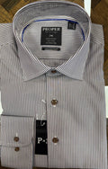 A folded long-sleeve dress shirt by Proper Stitchers, featuring a fine vertical stripe pattern in navy blue and white. The shirt has a classic collar, button-down front, and a visible hangtag.