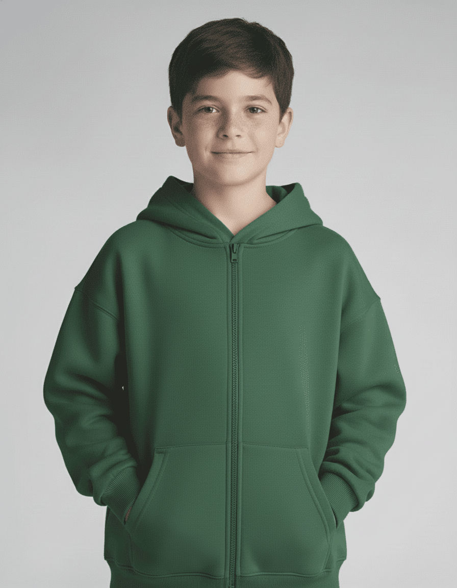 Child wearing a green hoodie against a plain background