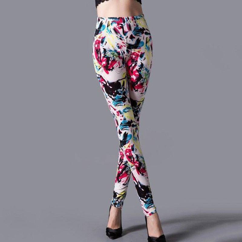 Colorful patterned leggings on a gray background