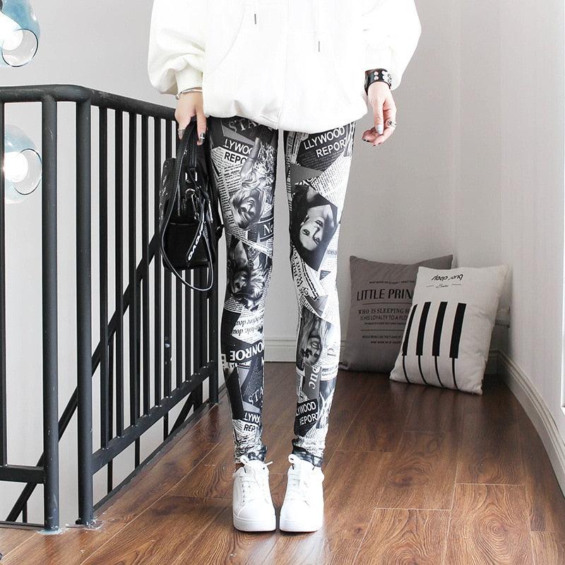 Person wearing graphic leggings with a minimalistic room setting.