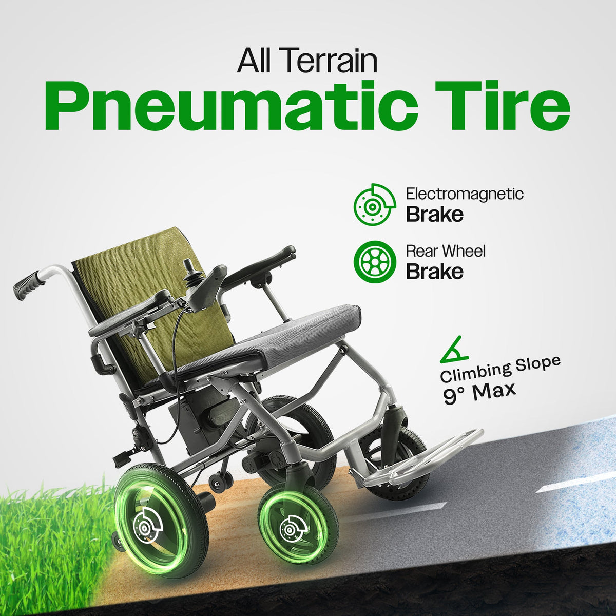 KANO (Green) -Foldable Electric Wheelchair, Travel Size, User-Friendly